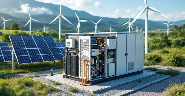 A-modern-power-generator-integrated-with-battery-storage-near-solar-panels-and-wind-turbines