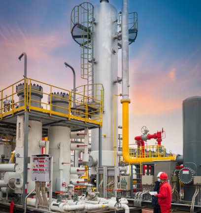 Engineers and staff communicate on site in chemical plant