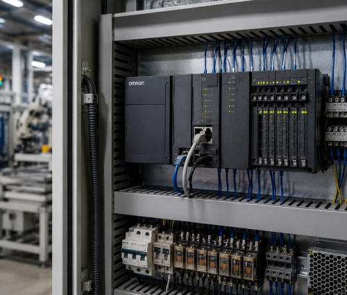 Omron PLC Dealer & Automation Solutions for Industrial Applications Omron PLC control panel installed inside an industrial automation cabinet controlling manufacturing equipment.