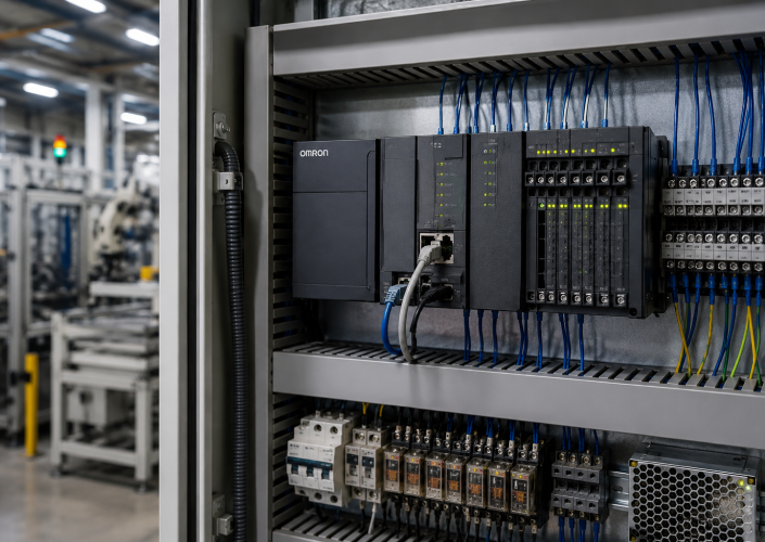 Omron PLC control panel installed inside an industrial automation cabinet controlling manufacturing equipment.