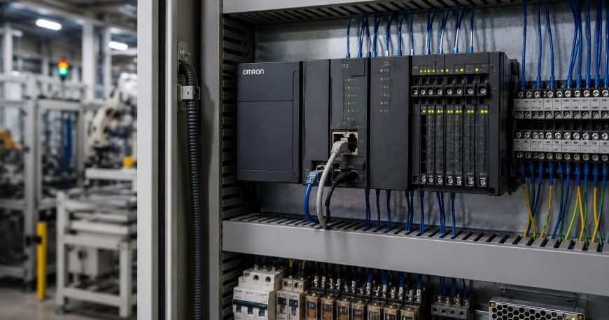 Omron PLC control panel installed inside an industrial automation cabinet controlling manufacturing equipment.