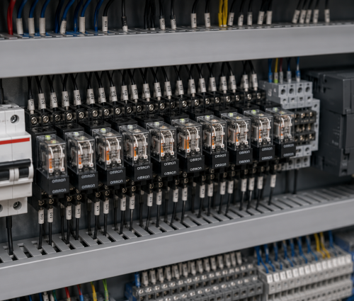 Omron Relay Supplier & Industrial Relay Solutions Guide Omron industrial control relay installed inside an electrical control panel for industrial automation.