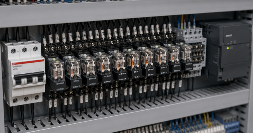 Omron industrial control relay installed inside an electrical control panel for industrial automation.