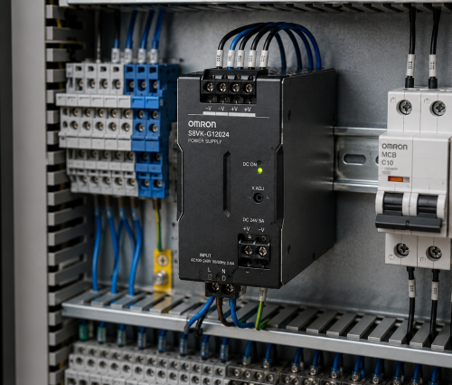 Omron Power Supply Solutions for Reliable Industrial Automation Omron DIN Rail power supply installed inside an industrial electrical control panel.