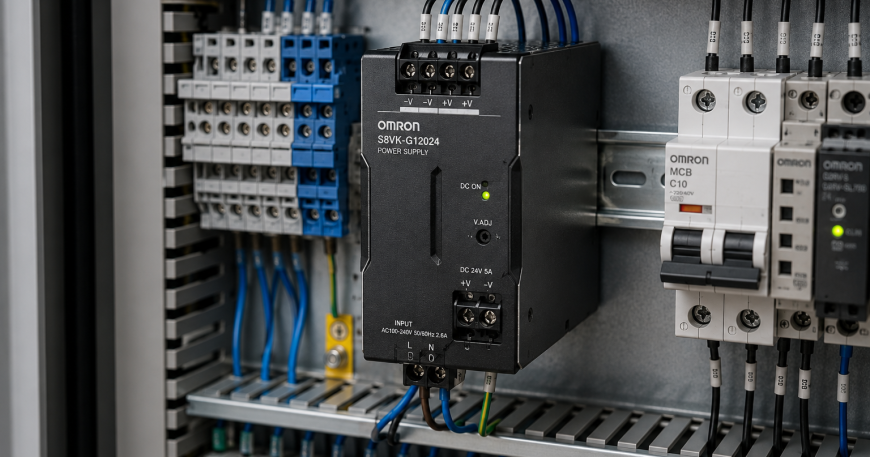 Omron DIN Rail power supply installed inside an industrial electrical control panel.
