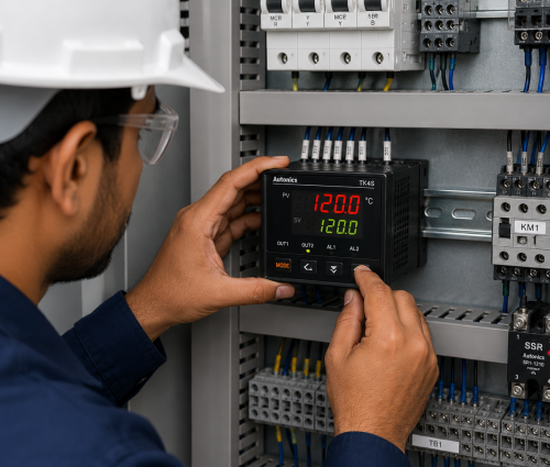 How to Select the Right Autonics Temperature Controller for Your Application Engineer configuring an Autonics digital temperature controller on an industrial control panel.