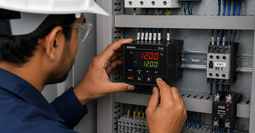 Engineer configuring an Autonics digital temperature controller on an industrial control panel.