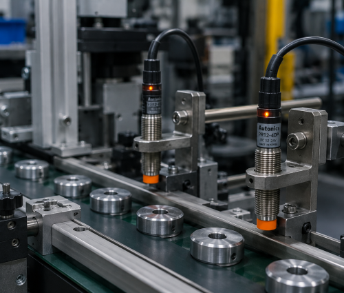 Autonics Proximity Sensors Explained: Types, Features, and Applications Autonics inductive proximity sensors installed on an automated production line for object detection.
