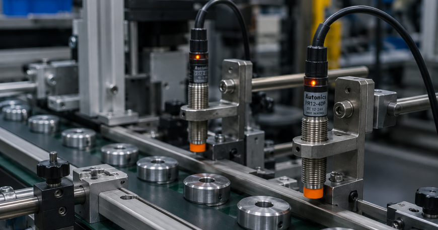 Autonics inductive proximity sensors installed on an automated production line for object detection.