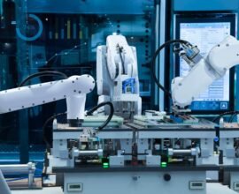Automated robotic assembly electronic circuit board, Smart factory 4.0 concept