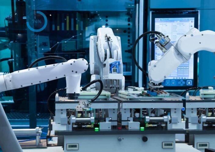 Automated robotic assembly electronic circuit board, Smart factory 4.0 concept